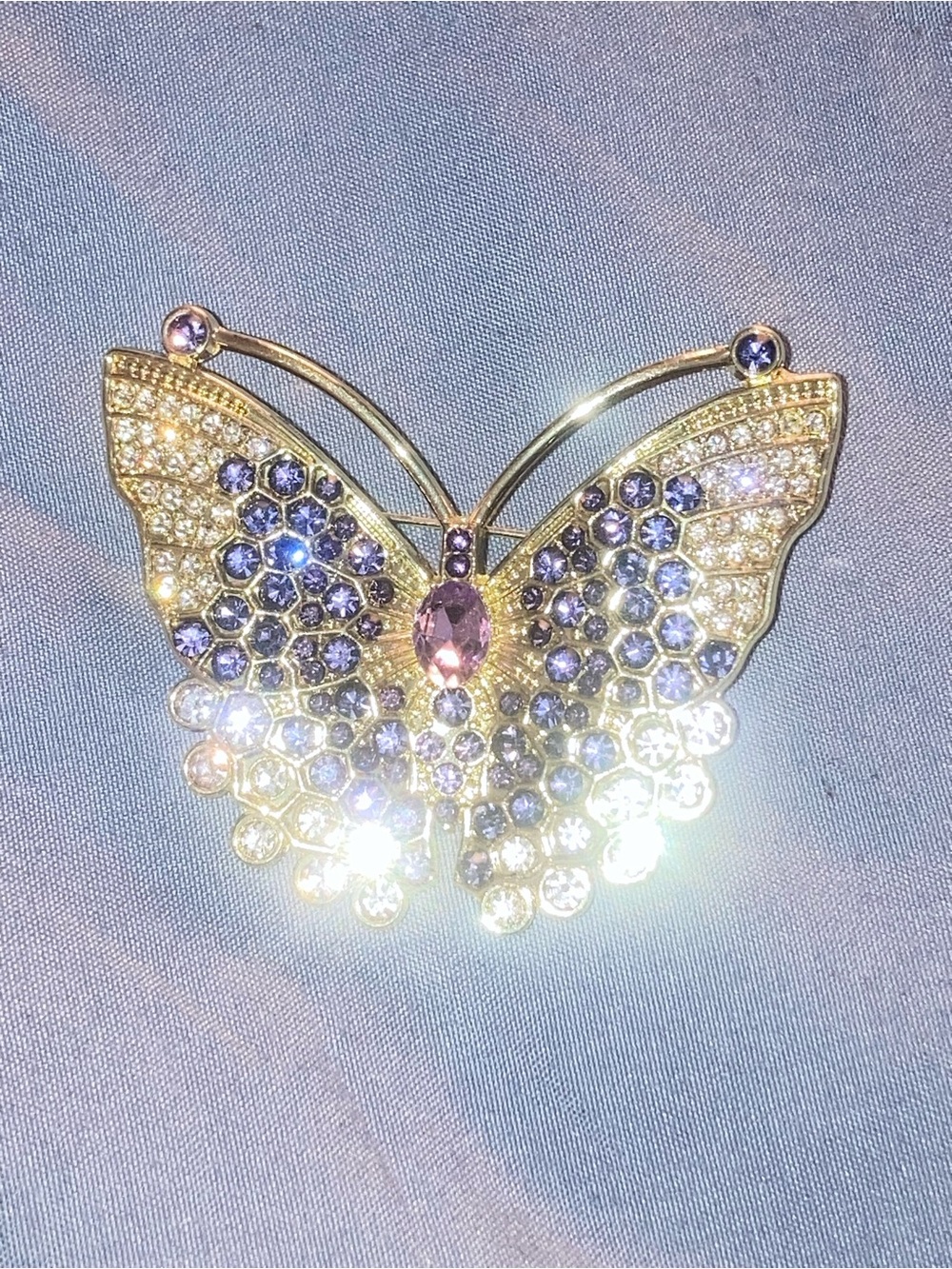 Gold Butterfly Crystal Brooch with Purple and Pink Stones